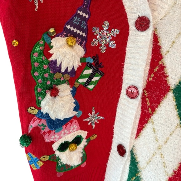 Holiday Time Christmas Gnome Argyle Festive Cardigan Sweater Womens size Large - Picture 4 of 16
